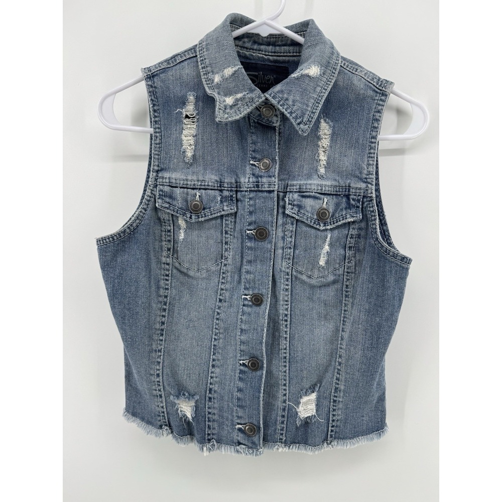 Silver Jeans Size M Distressed Blue Denim Vest Grunge Coastal‎ Cowgirl Western